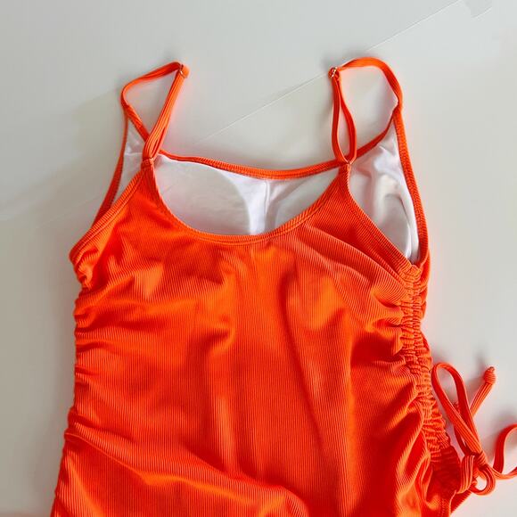 [Viottiset] Neon Orange Ribbed Ruched High Cut Cheeky One-Piece Swimsuit Size XL - Picture 6 of 11